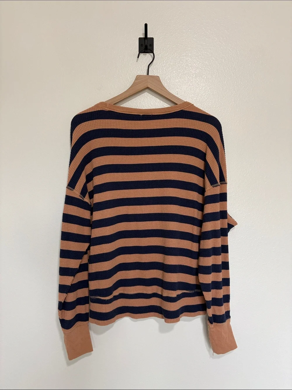 Aerie Wow! Striped Thermal Waffle Knit Oversized Long Sleeve Shirt Tan Small - Picture 7 of 10